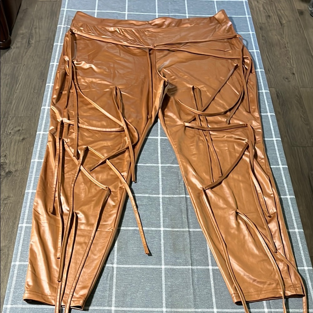 SHEIN Curve Stylish Tan Faux Leather Pants with Straps